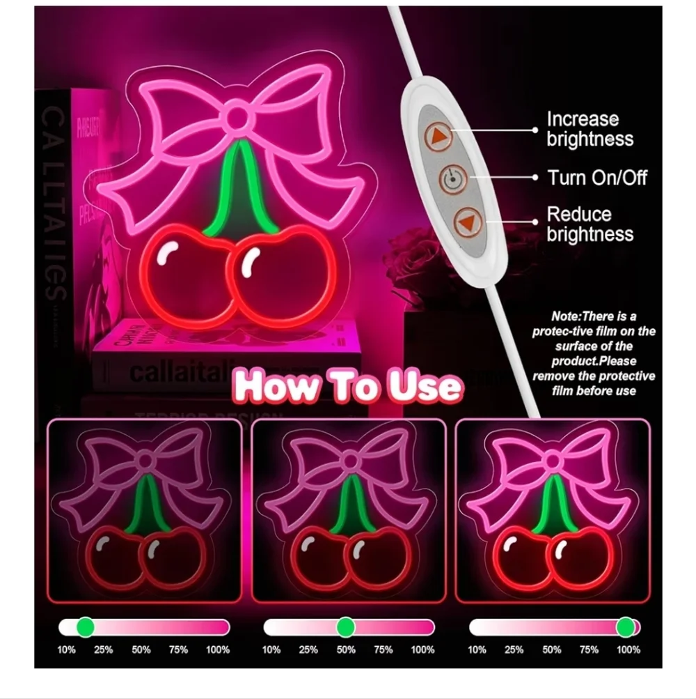 Neon Bow and Cherry Light Sign - Pink and Red